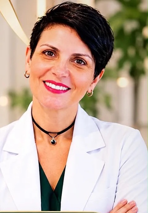 Dra. Simone Pinto sorrindo, de jaleco branco